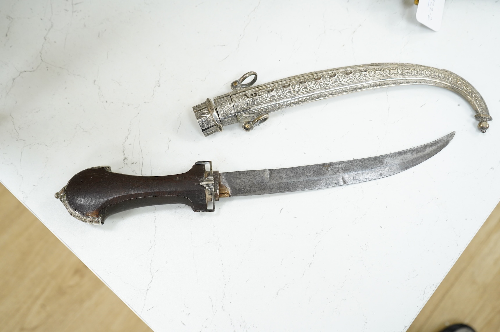 A cased Moroccan hallmarked silver mounted hardwood handled dagger jambya, overall length 42cm